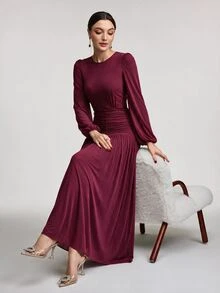 Veilorie Women's Solid Color Round Neck Lantern Sleeve Pleated Maxi Elegant Dress - Red Violet - View 3