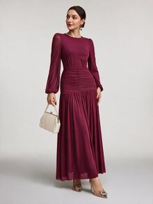 Veilorie Women's Solid Color Round Neck Lantern Sleeve Pleated Maxi Elegant Dress - Red Violet - View 2