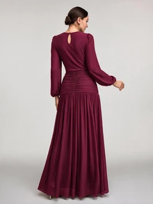 Veilorie Women's Solid Color Round Neck Lantern Sleeve Pleated Maxi Elegant Dress - Red Violet - View 8