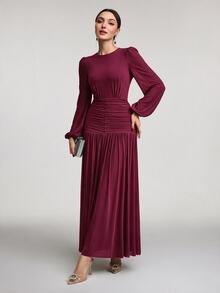 Veilorie Women's Solid Color Round Neck Lantern Sleeve Pleated Maxi Elegant Dress - Red Violet - View 4