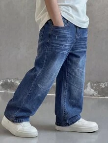 SHEIN 大童男孩時尚休閒貓尾設計深藍色寬鬆舒適牛仔長褲 - 藍色 - 查看 1