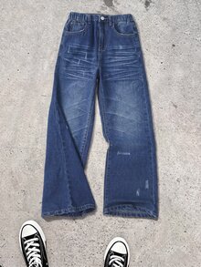 SHEIN 大童男孩時尚休閒貓尾設計深藍色寬鬆舒適牛仔長褲 - 藍色 - 查看 4