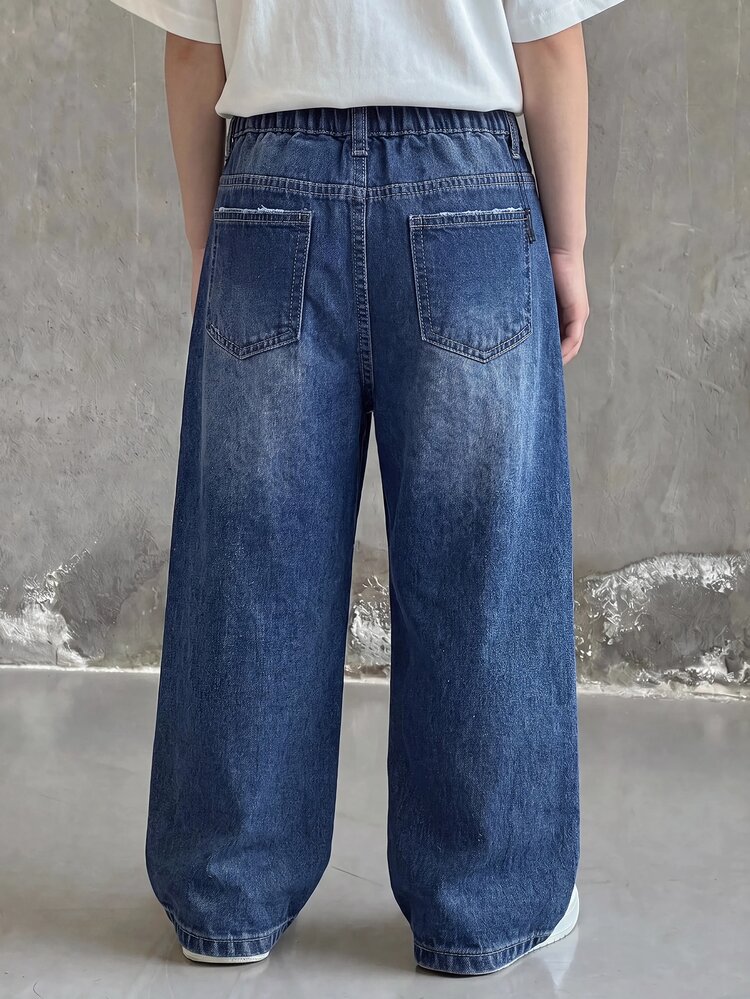 SHEIN Tween Boy Fashion Casual Kids Cat's Tail Design - Dark Blue Loose And Comfortable Denim Jeans - Blue - View 2