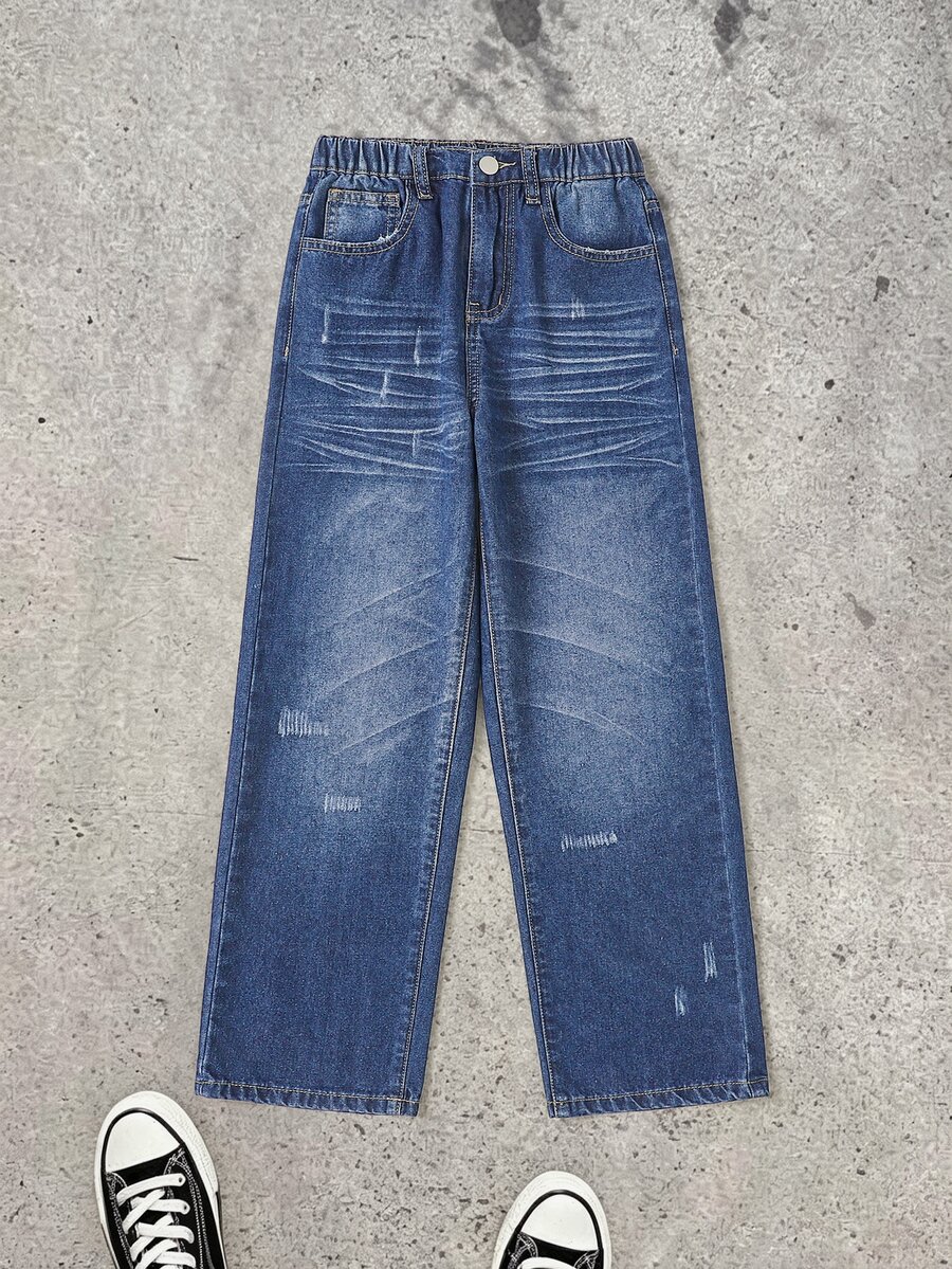 SHEIN Tween Boy Fashion Casual Kids Cat's Tail Design - Dark Blue Loose And Comfortable Denim Jeans - Blue - View 1