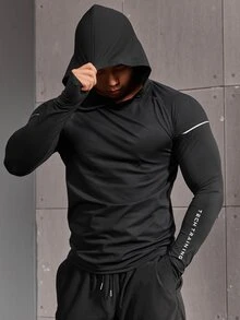 GymBeat 男友风男士字母印花插肩袖连帽运动卫衣，男友风男士休闲纯色长袖反光健身长袖上衣，秋季透气压缩衫，轻薄款 - 黑色 - 查看 1