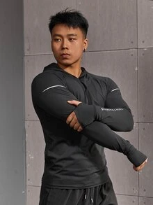 GymBeat 男友风男士字母印花插肩袖连帽运动卫衣，男友风男士休闲纯色长袖反光健身长袖上衣，秋季透气压缩衫，轻薄款 - 黑色 - 查看 4
