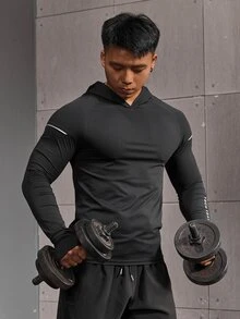 GymBeat 男友风男士字母印花插肩袖连帽运动卫衣，男友风男士休闲纯色长袖反光健身长袖上衣，秋季透气压缩衫，轻薄款 - 黑色 - 查看 5