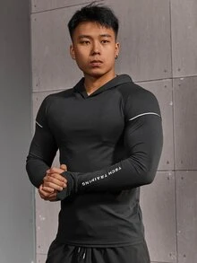 GymBeat 男友风男士字母印花插肩袖连帽运动卫衣，男友风男士休闲纯色长袖反光健身长袖上衣，秋季透气压缩衫，轻薄款 - 黑色 - 查看 3