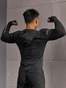 GymBeat 男友风男士字母印花插肩袖连帽运动卫衣，男友风男士休闲纯色长袖反光健身长袖上衣，秋季透气压缩衫，轻薄款 - 黑色 - 查看 2