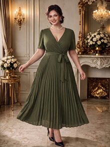 Rometta Women Plus Size Solid Color Crossed V-Neck Short Sleeve Cinched Waist Pleated Hem Dress - Army Green - View 1