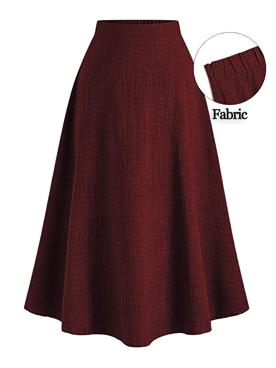 Rometta Plus Size Women A-Line Hem Woven Gray Mid-Length Linen Elegant Casual Skirt, Spring Fall - Burgundy - View 1