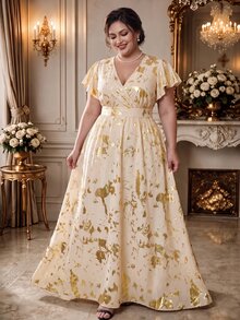 DreamSkyne Plus Size Women Elegant Commuter Gold Foil Print Overlap V-Neck Ruffle Hem Long Dress - Apricot - View 1