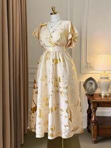DreamSkyne Plus Size Women Elegant Commuter Gold Foil Print Overlap V-Neck Ruffle Hem Long Dress - Apricot - View 7
