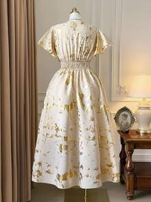 DreamSkyne Plus Size Women Elegant Commuter Gold Foil Print Overlap V-Neck Ruffle Hem Long Dress - Apricot - View 2