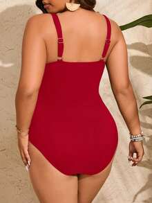 SHEIN Swim Curve 2025 大码女式纯色褶皱休闲连体泳衣夏季 - 紅色 - 查看 2
