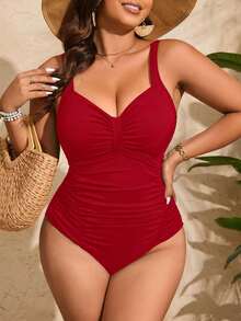 SHEIN Swim Curve 2025 大码女式纯色褶皱休闲连体泳衣夏季 - 紅色 - 查看 3