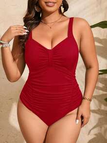 SHEIN Swim Curve 2025 大码女式纯色褶皱休闲连体泳衣夏季 - 紅色 - 查看 4
