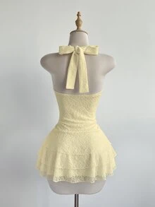 Elamini Spring/Summer Women's Lace Embroidery Layered Ruffle Dress, Elegant Sexy Luxury, Fitted Mini Dress, Versatile For Dates And Casual Outings - Light Yellow - View 2