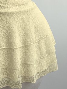 Elamini Spring/Summer Women's Lace Embroidery Layered Ruffle Dress, Elegant Sexy Luxury, Fitted Mini Dress, Versatile For Dates And Casual Outings - Light Yellow - View 7