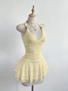 Elamini Spring/Summer Women's Lace Embroidery Layered Ruffle Dress, Elegant Sexy Luxury, Fitted Mini Dress, Versatile For Dates And Casual Outings - Light Yellow - View 5
