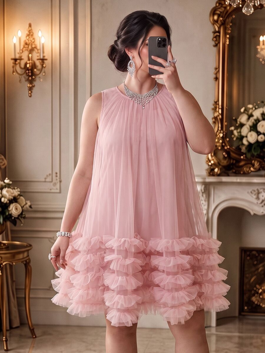 DreamSkyne Romantic Date Plus Size Women Elegant Loose Flowy Mesh Puff Sleeveless Mini Dress, Spring/Summer Resort Wear - Pink - View 1