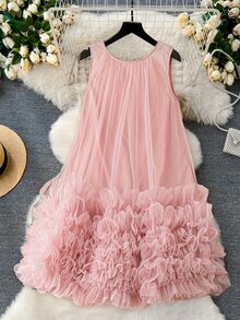 DreamSkyne Romantic Date  Plus Size Women Elegant Loose Flowy Mesh Puff Sleeveless Mini Dress, Spring/Summer Resort Wear - Pink - View 3