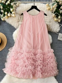 DreamSkyne Romantic Date  Plus Size Women Elegant Loose Flowy Mesh Puff Sleeveless Mini Dress, Spring/Summer Resort Wear - Pink - View 2