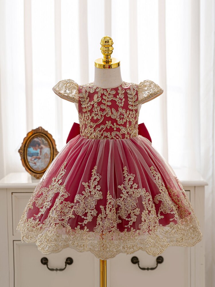 SHEIN Baby Girl Embroidered Tulle Heavy Work Party Flower Girl Birthday Dress Princess Gown Dark Red Fall Elegant - Burgundy - View 3