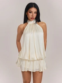 SHEIN PETITE 女款掛脖露背綁帶荷葉邊短洋裝 - 杏色 - 查看 3