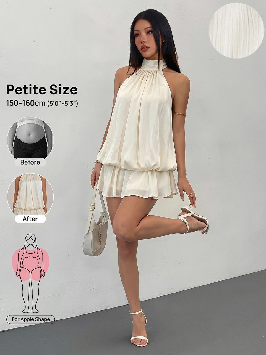SHEIN PETITE 女款掛脖露背綁帶荷葉邊短洋裝 - 杏色 - 查看 1