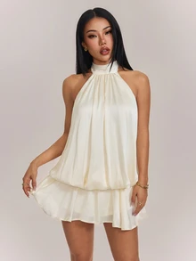 SHEIN PETITE 女款掛脖露背綁帶荷葉邊短洋裝 - 杏色 - 查看 4