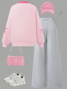 SHEIN Tween Girls Hoodie Long Sleeve Fleece Fall Outfits 2pcs/Set Light Pink Back-To-School Autumn Casual School Sports Suit - Multicolor - View 3