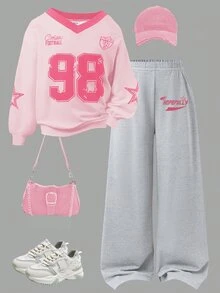 SHEIN Tween Girls Hoodie Long Sleeve Fleece Fall Outfits 2pcs/Set Light Pink Back-To-School Autumn Casual School Sports Suit - Multicolor - View 2