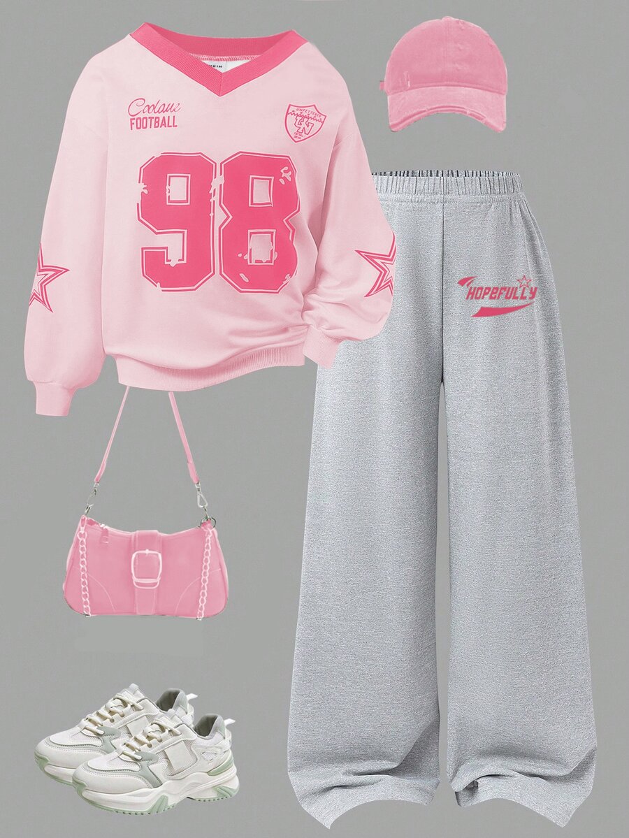SHEIN Tween Girls Hoodie Long Sleeve Fleece Fall Outfits 2pcs/Set Light Pink Back-To-School Autumn Casual School Sports Suit