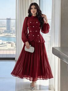 Modelyn 女士优雅派对长裙，荷叶边腰身灯笼袖珍珠装饰，裙摆呈喇叭形，春秋季款 - 酒紅色 - 查看 3