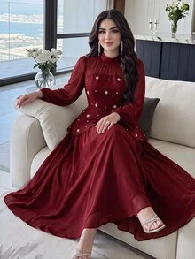 Modelyn 女士优雅派对长裙，荷叶边腰身灯笼袖珍珠装饰，裙摆呈喇叭形，春秋季款 - 酒紅色 - 查看 6