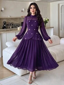 Modelyn 女士纯色立领插肩袖优雅连衣裙 - 紫色 - 查看 5