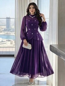 Modelyn 女士纯色立领插肩袖优雅连衣裙 - 紫色 - 查看 3