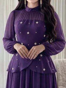 Modelyn 女士纯色立领插肩袖优雅连衣裙 - 紫色 - 查看 6