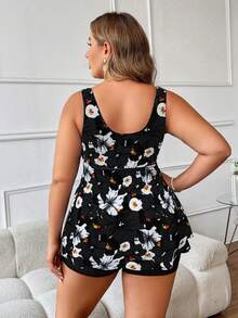 SHEIN Swim Curve 大尺碼女款花卉印花前綁帶熱帶風優雅性感泳裙泳褲套裝，度假黑色夏季海灘派對白色 - 彩色 - 查看 2