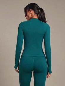 Costa Lumi Women's Solid Color Round Neck Raglan Sleeve Sports T-Shirt With Seamless Thumb Hole Gym Tops Seamless Work Out Top Green Gym Top Gym Long Sleeve Tops - Dark Green - View 3