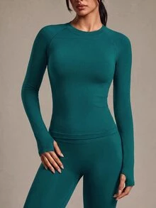 Costa Lumi Women's Solid Color Round Neck Raglan Sleeve Sports T-Shirt With Seamless Thumb Hole Gym Tops Seamless Work Out Top Green Gym Top Gym Long Sleeve Tops - Dark Green - View 6