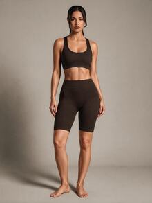 Costa Lumi Rib-Knit Seamless Sports Biker Shorts Brown Shorts Stretchy Shorts - Chocolate Brown - View 4