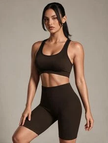 Costa Lumi Rib-Knit Seamless Sports Biker Shorts Brown Shorts Stretchy Shorts - Chocolate Brown - View 1