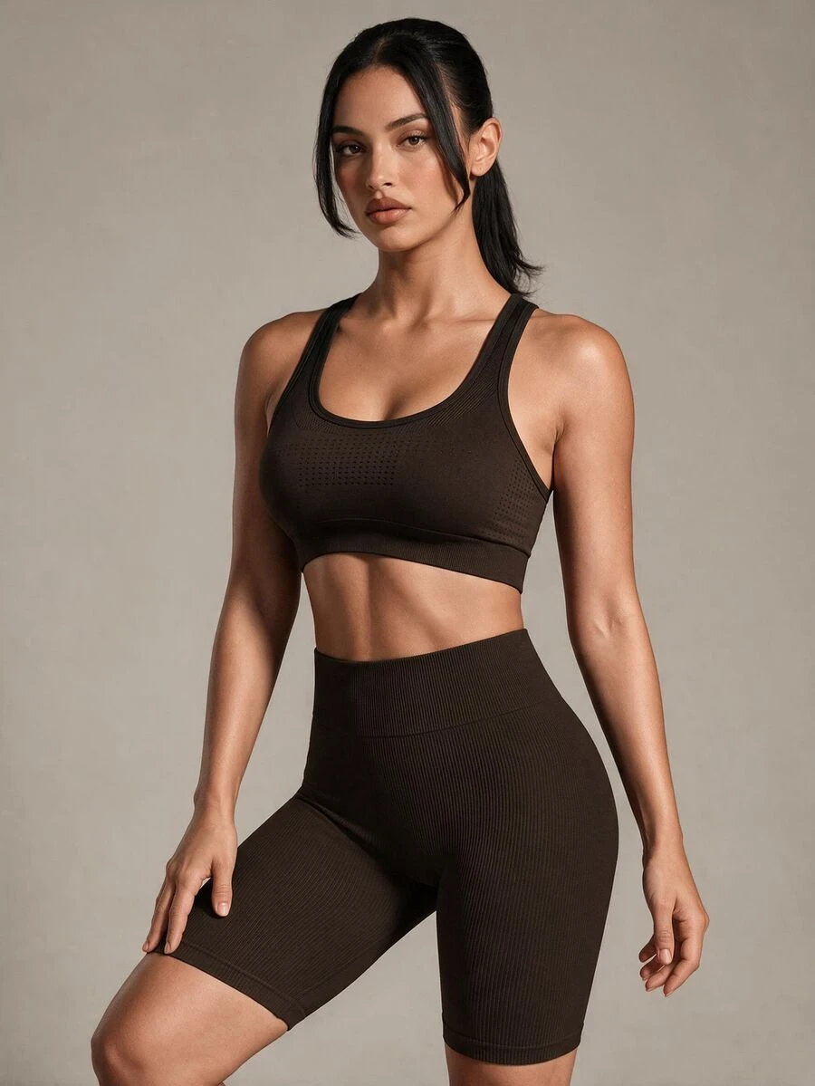 Costa Lumi Rib-Knit Seamless Sports Biker Shorts Brown Shorts Stretchy Shorts - Chocolate Brown - View 1