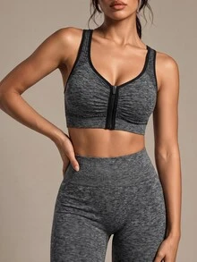 Costa Lumi Zip Up Contrast Binding Racer Back Sports Up Bra Sports Bra For Women - Dark Grey - View 6