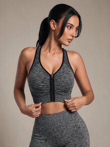 Costa Lumi Zip Up Contrast Binding Racer Back Sports Up Bra Sports Bra For Women - Dark Grey - View 1