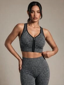 Costa Lumi Zip Up Contrast Binding Racer Back Sports Up Bra Sports Bra For Women - Dark Grey - View 4