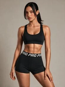 Costa Lumi Letter Tape Waist Sports ShortsWomen Sweat Short, Gym Short, Biker Short - Black - View 3