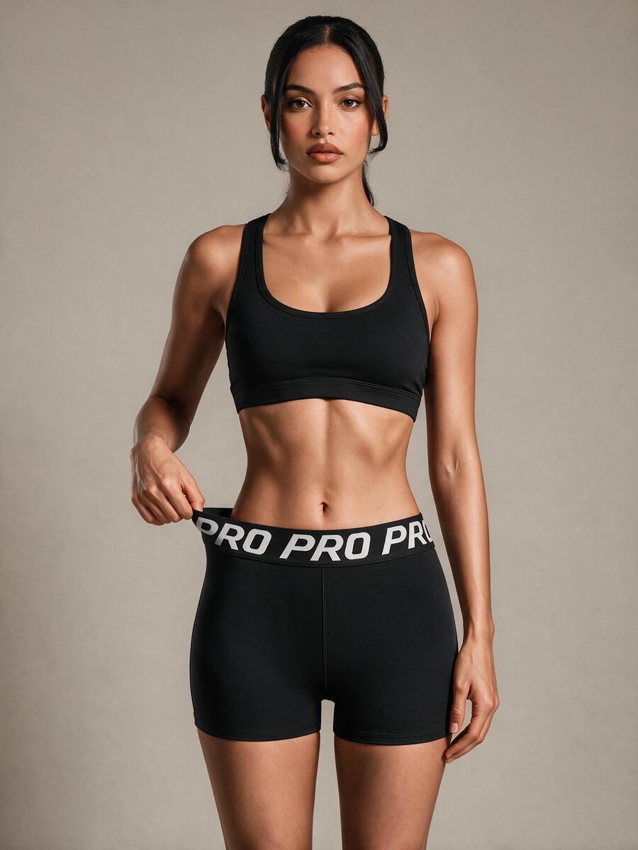Costa Lumi Letter Tape Waist Sports ShortsWomen Sweat Short, Gym Short, Biker Short - Black - View 1